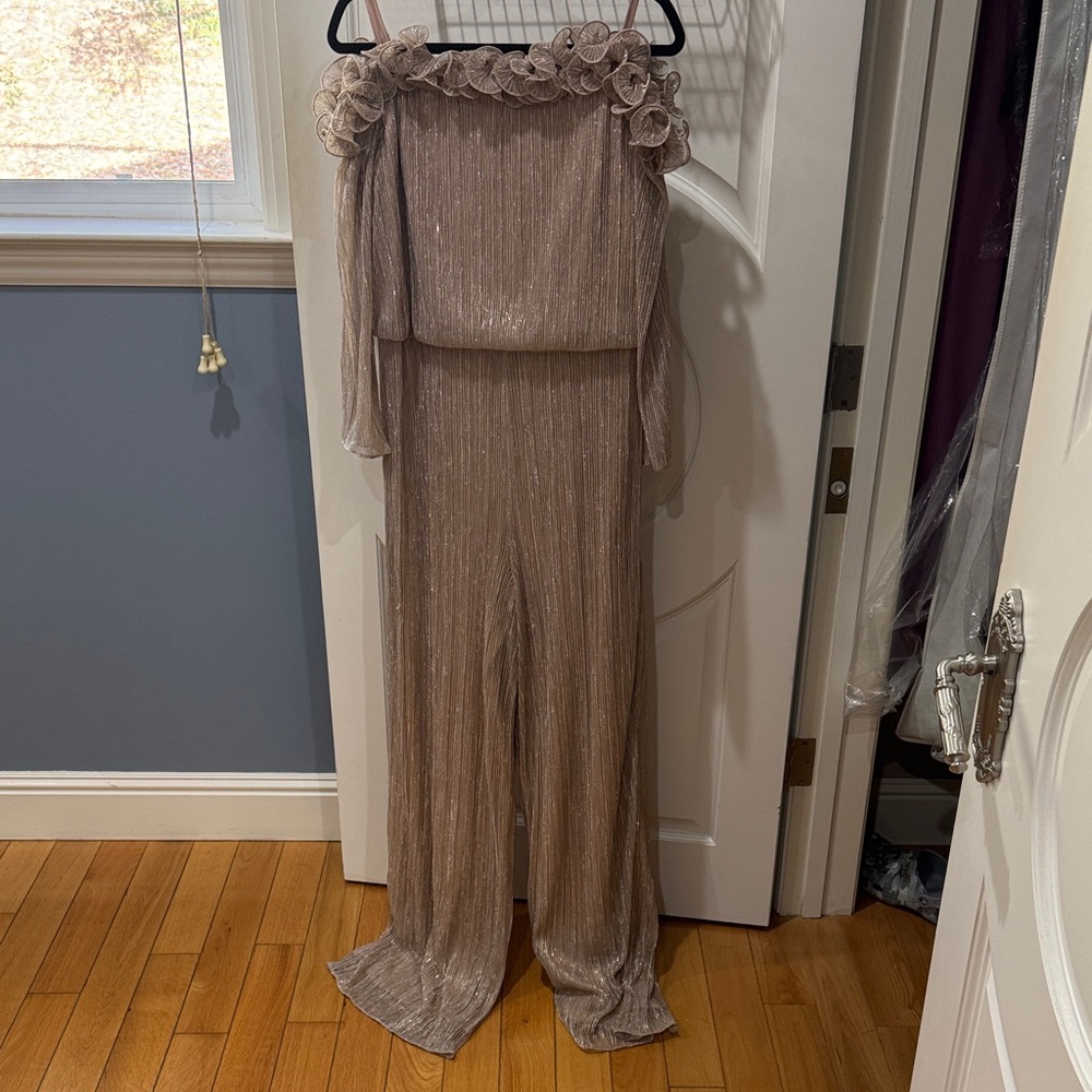 Adrianna Papell Shimmering Tan Jumpsuit with Floral Accents